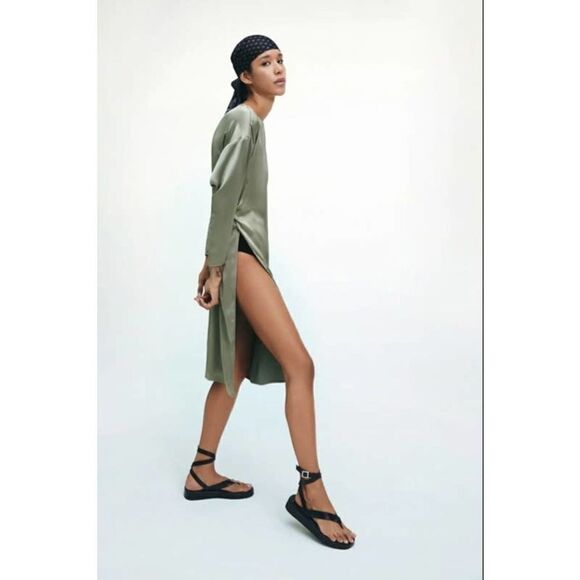 ZARA Long Khaki Satin Blouse Top Tunic Slits S - Picture 4 of 9